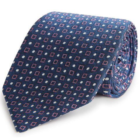 Navy and Pink Geometric Woven Silk Tie