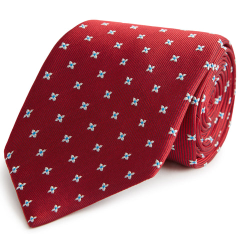 Red and Silver Geo Flower Twill Woven Silk Tie