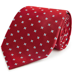 Red Silver Geo Flower Twill Woven Silk Tie