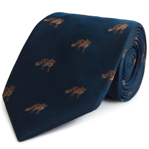 Navy and Brown Fox Twill Woven Silk Tie