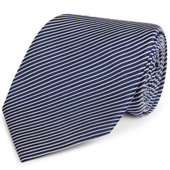 Navy White Pinstripe Sateen Woven Silk Tie