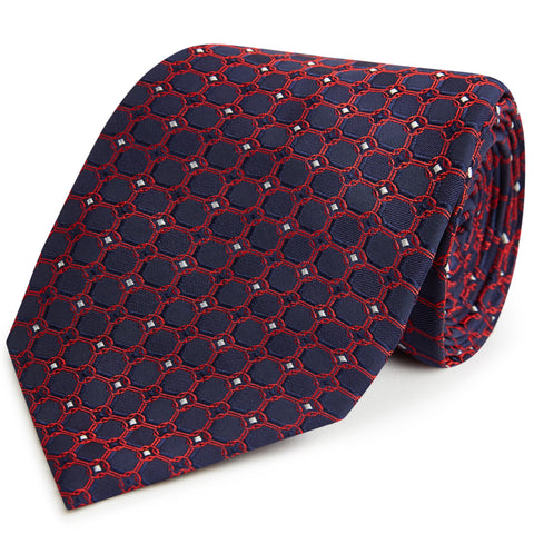 Navy And Red Chain Jacquard Woven Silk Tie