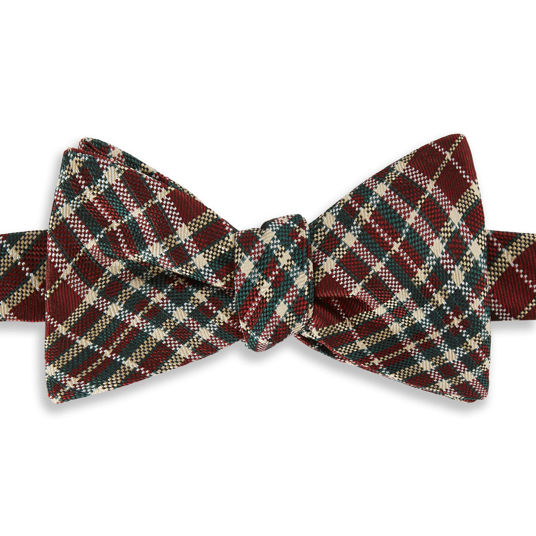 Burgundy and Green Plaid Check Silk Self Bow Tie