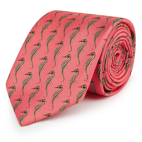 Pink and Green Seahorse Printed Silk Tie