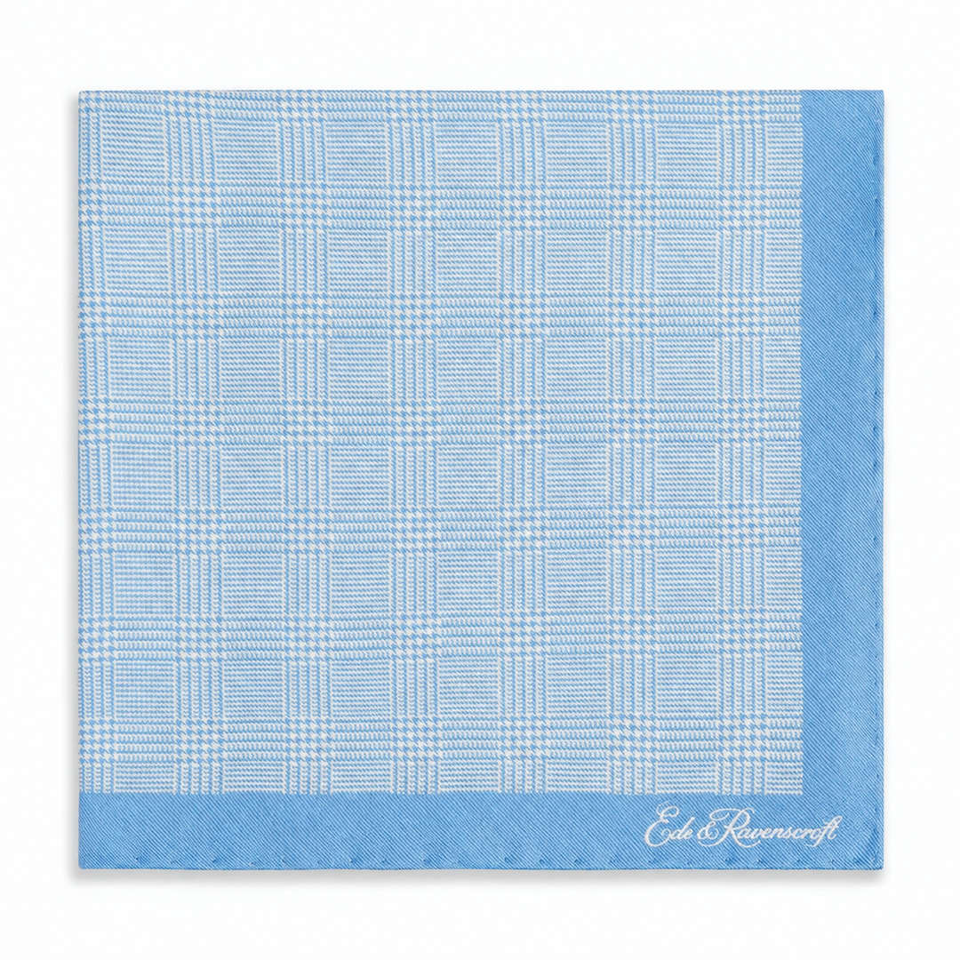 Blue Prince of Wales Geometric Double Faced Silk Pocket Square