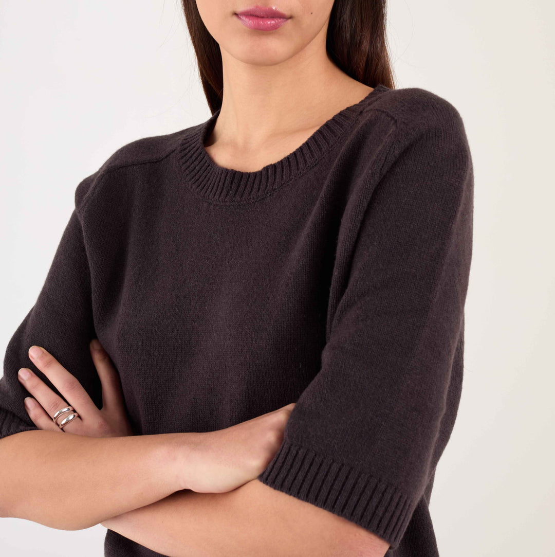 Brown 3/4 Sleeve Knitted Wool Cashmere Jumper