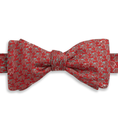Red and Green Elephant Woven Silk Self Bow Tie