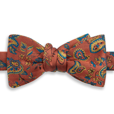 Orange and Blue Paisley Flower Woven Silk Bow Tie