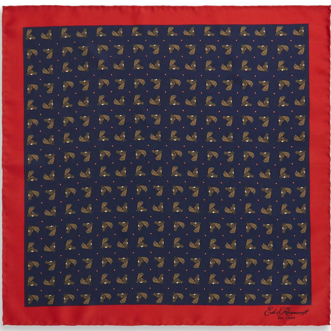 Navy and Red Horse Silk Pocket Square