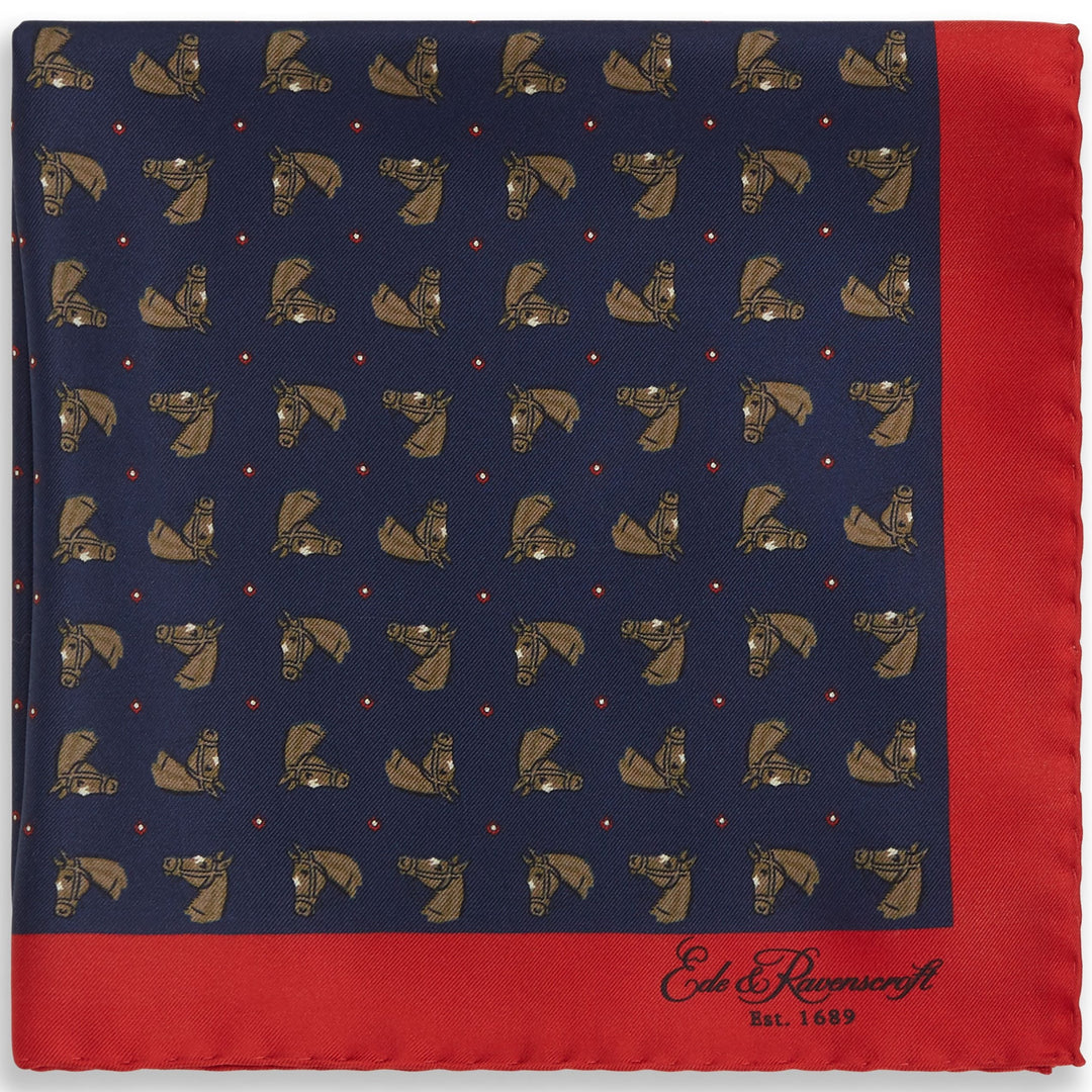 Navy and Red Horse Silk Pocket Square