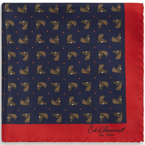 Navy and Red Horse Silk Pocket Square