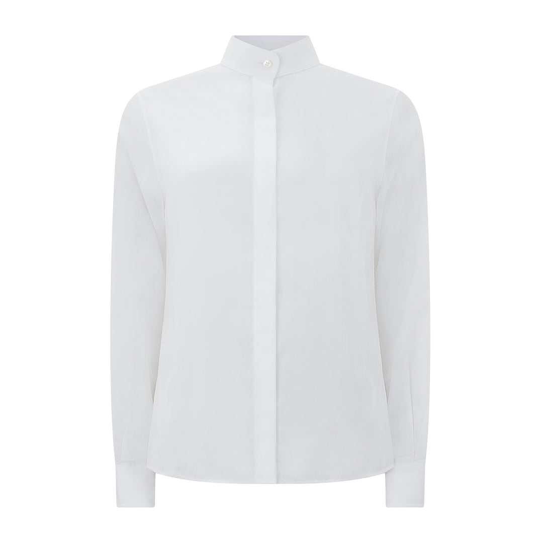 Grace White Herringbone Mandarin Collar Shirt
