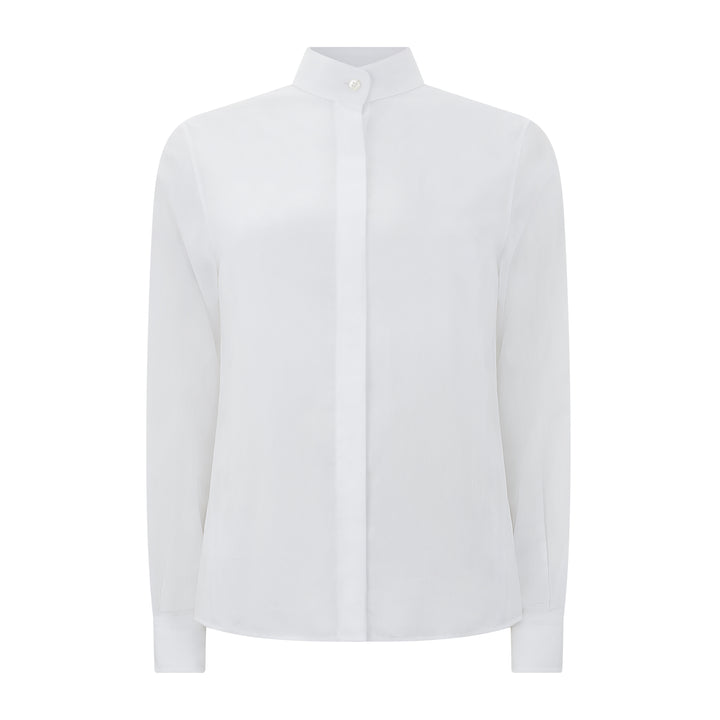 Grace White Herringbone Mandarin Collar Shirt
