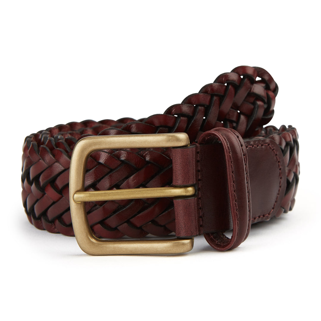 Burgundy Plaited Leather Belt With Brass Buckle