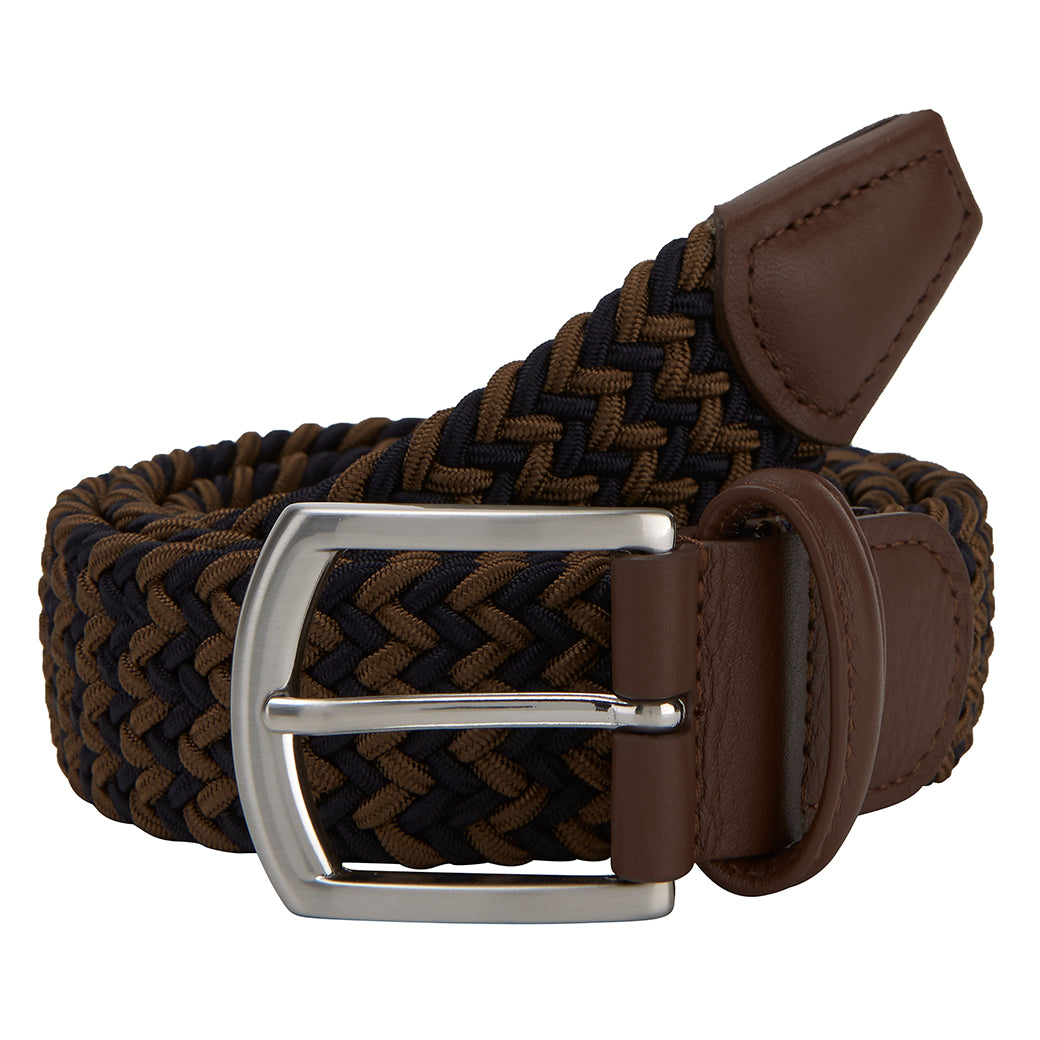 Brown Navy Leather-Trimmed Woven Elastic Belt