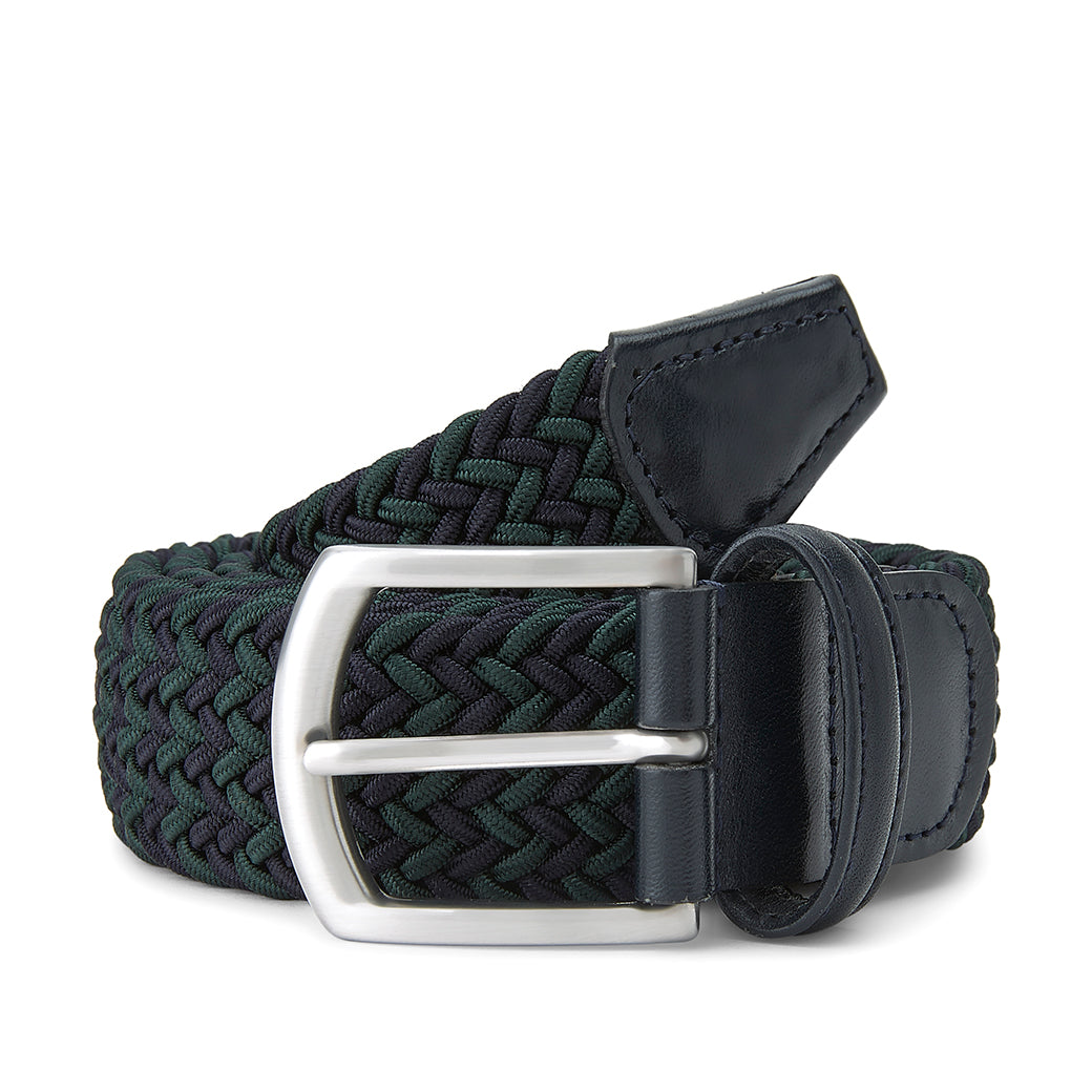 Navy Green Leather-Trimmed Woven Elastic Belt