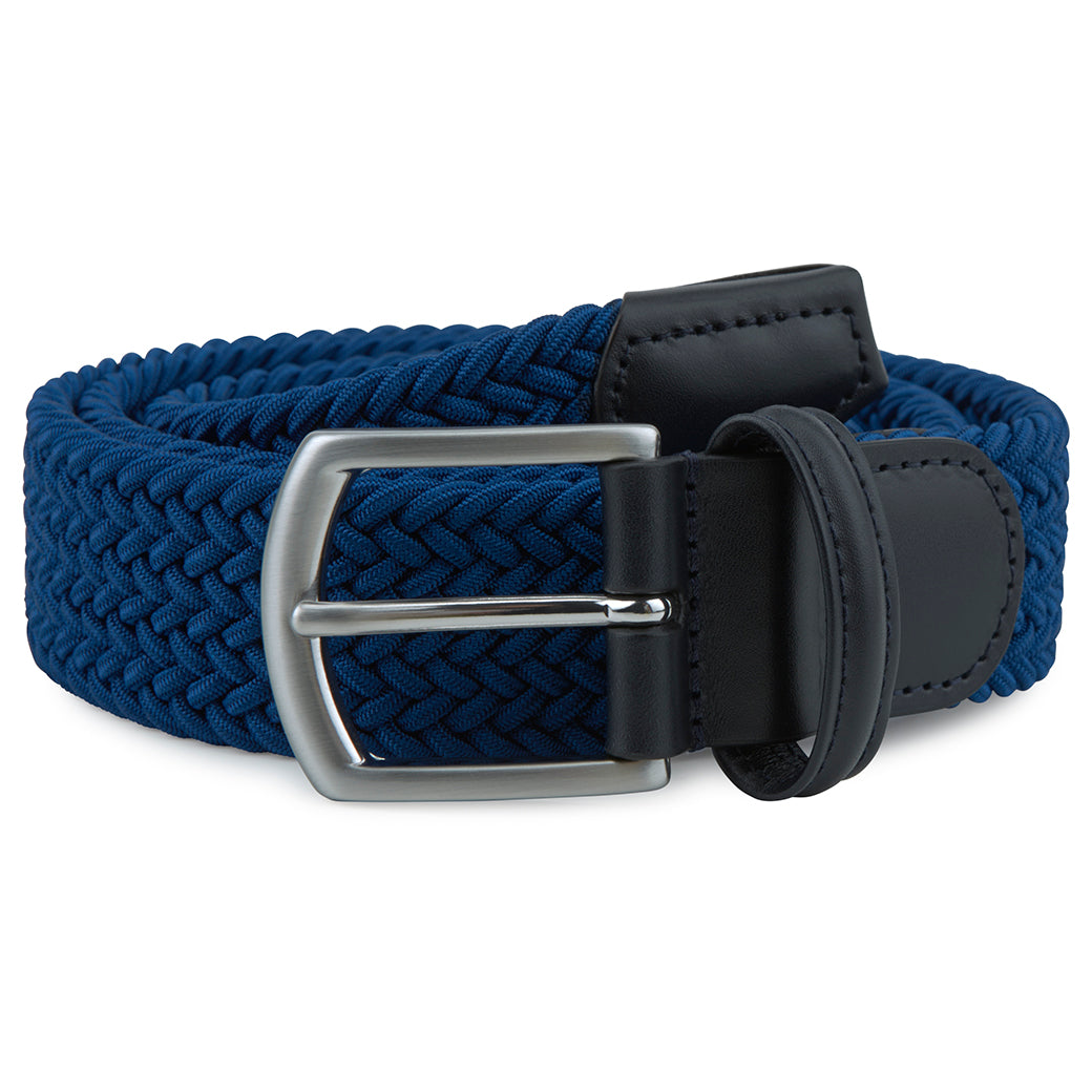 Blue Leather-Trimmed Woven Elastic Belt