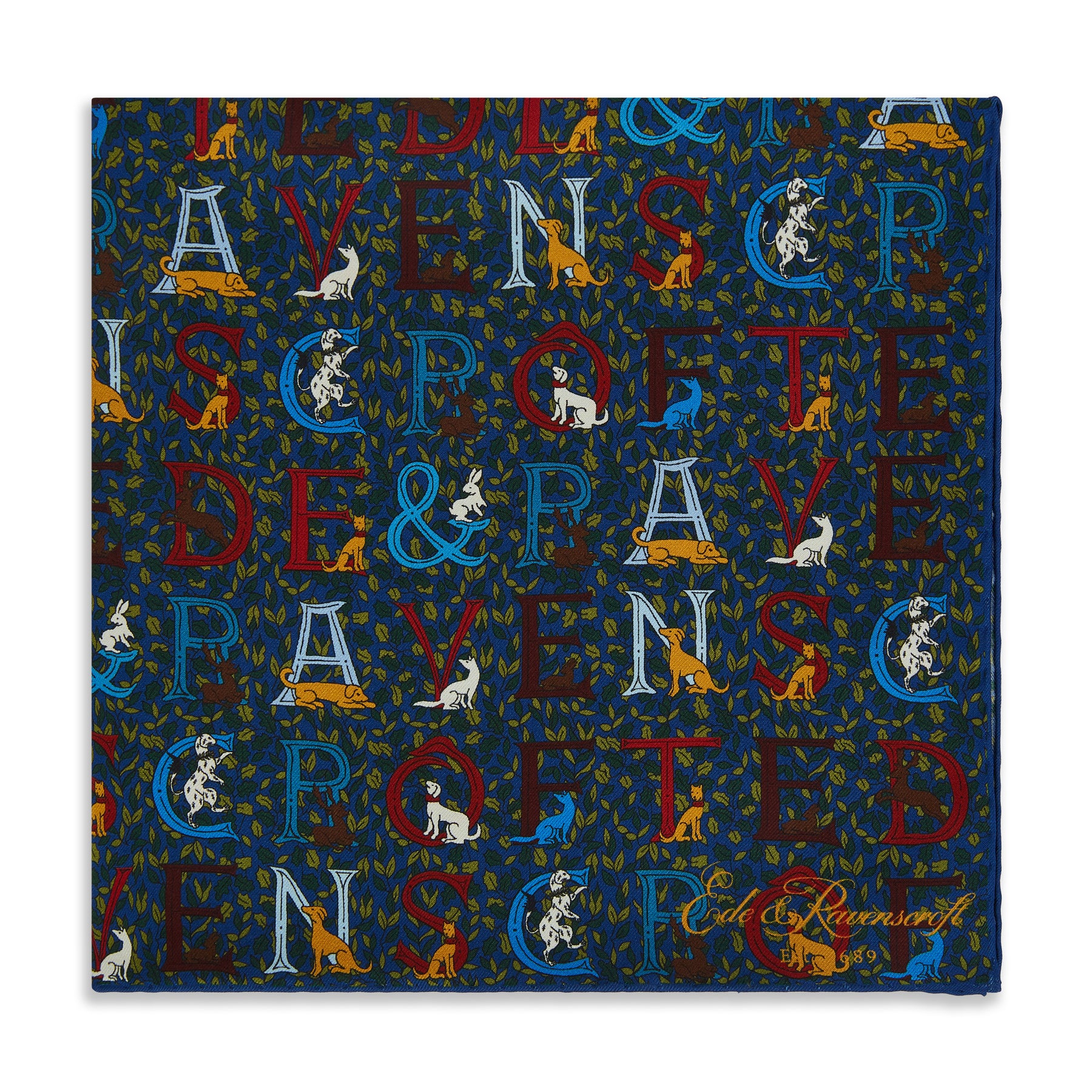 Ede & Ravenscroft Branded Printed Silk Pocket Square Blue Red