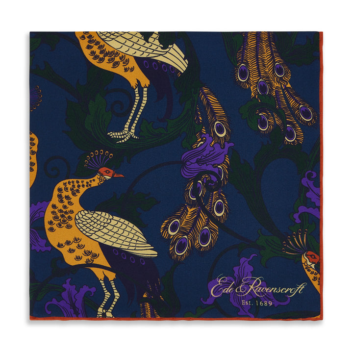 Teal Gold Peacock Vine Silk Pocket Square