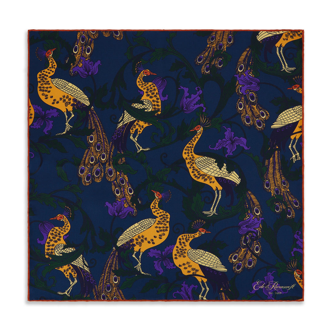 Teal Gold Peacock Vine Silk Pocket Square