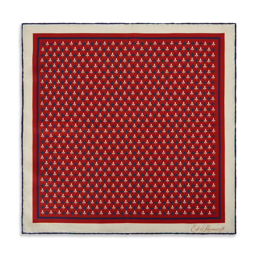 Red Ecru Fleur De Lys Silk Pocket Square