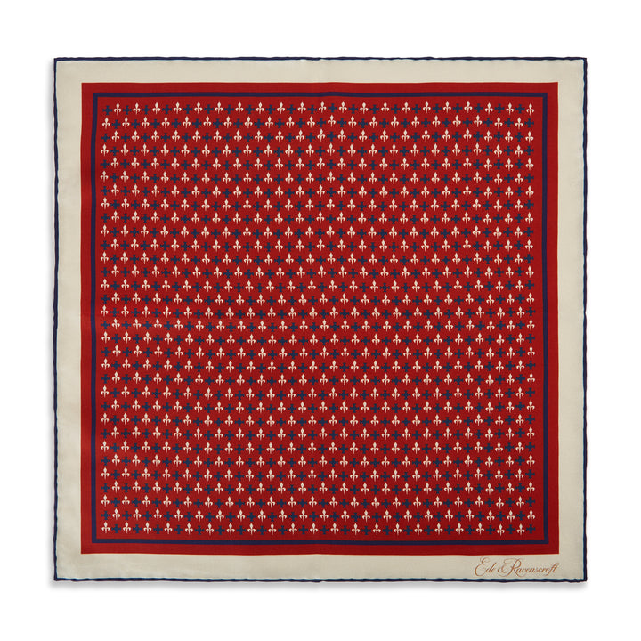 Red Ecru Fleur De Lys Silk Pocket Square