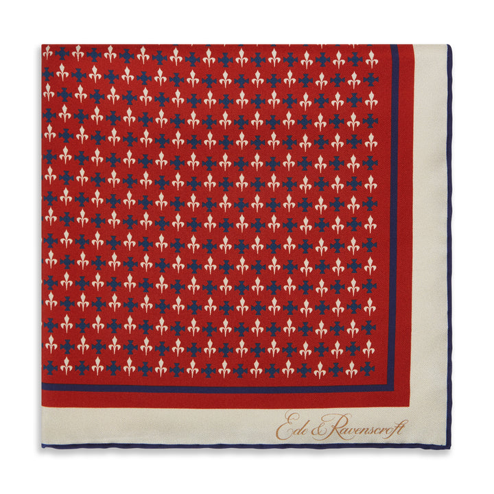 Red Ecru Fleur De Lys Silk Pocket Square
