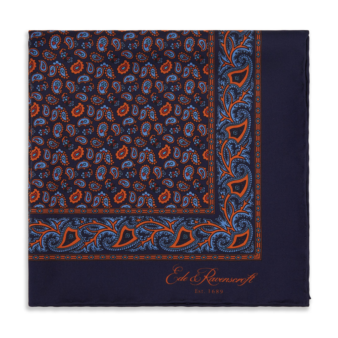 Navy and Orange Paisley Madder Silk Pocket Square