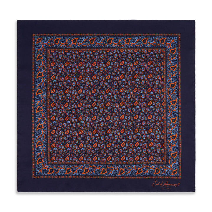 Navy and Orange Paisley Madder Silk Pocket Square