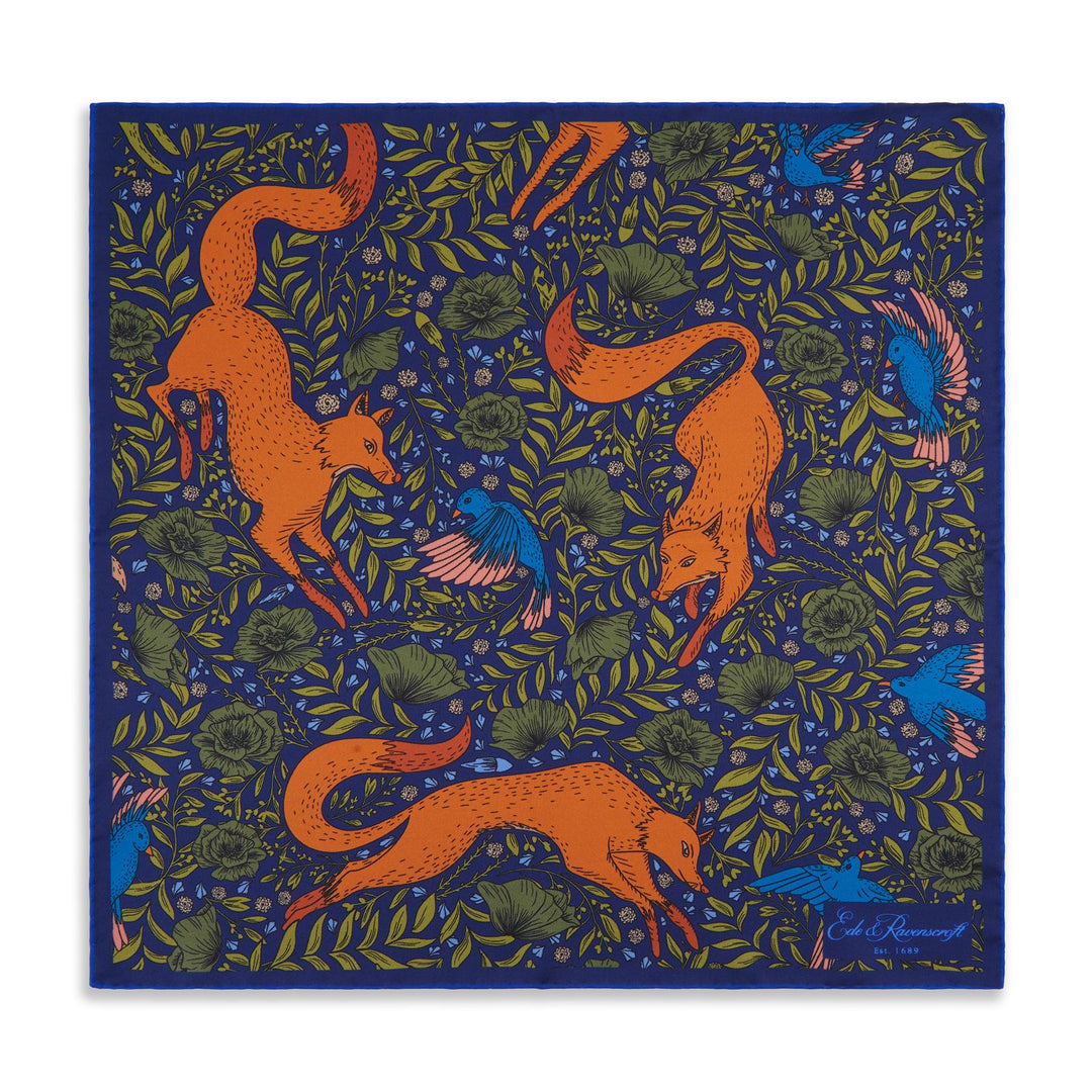 Navy and Orange Playful Fox Silk Pocket Square