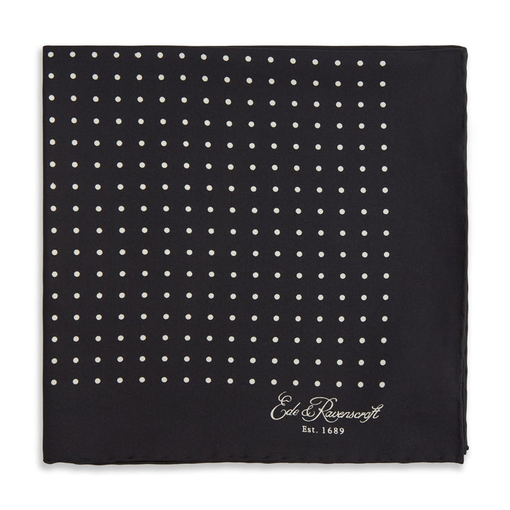 Black and Ivory Spot Printed Silk Pocket Square