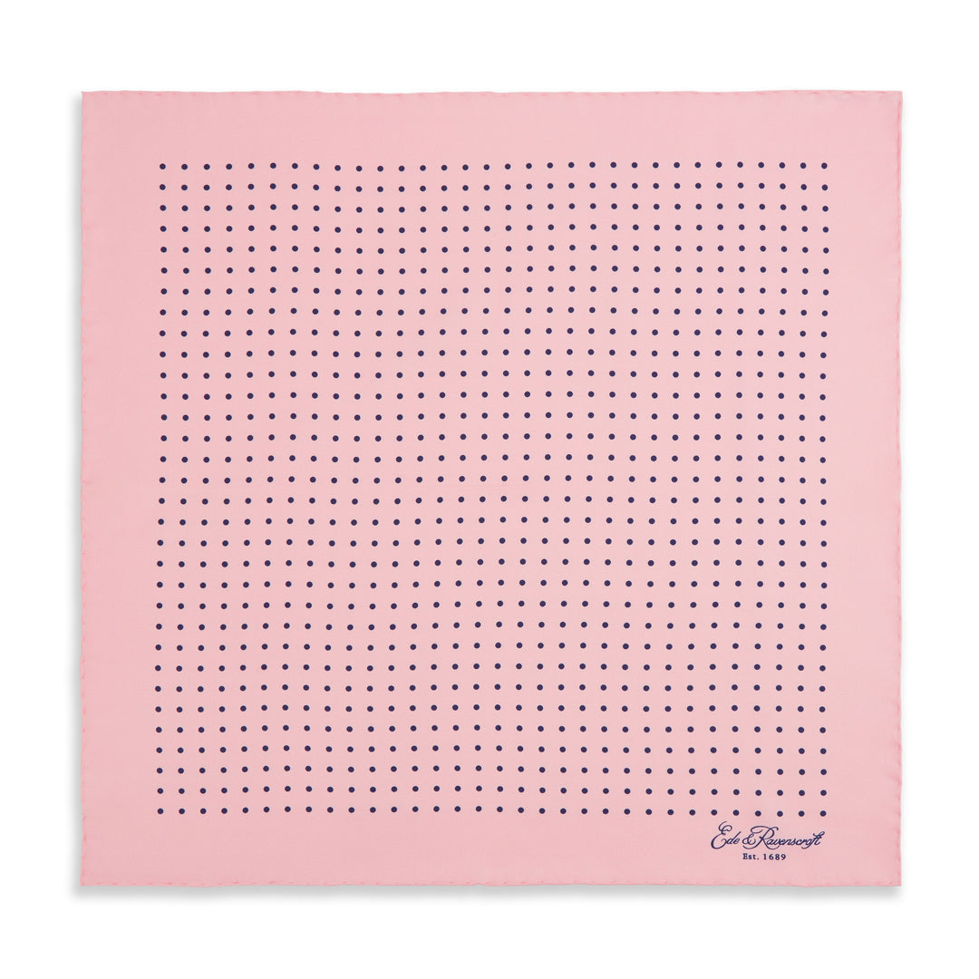 Pink and Navy Spot Printed Silk Pocket Square