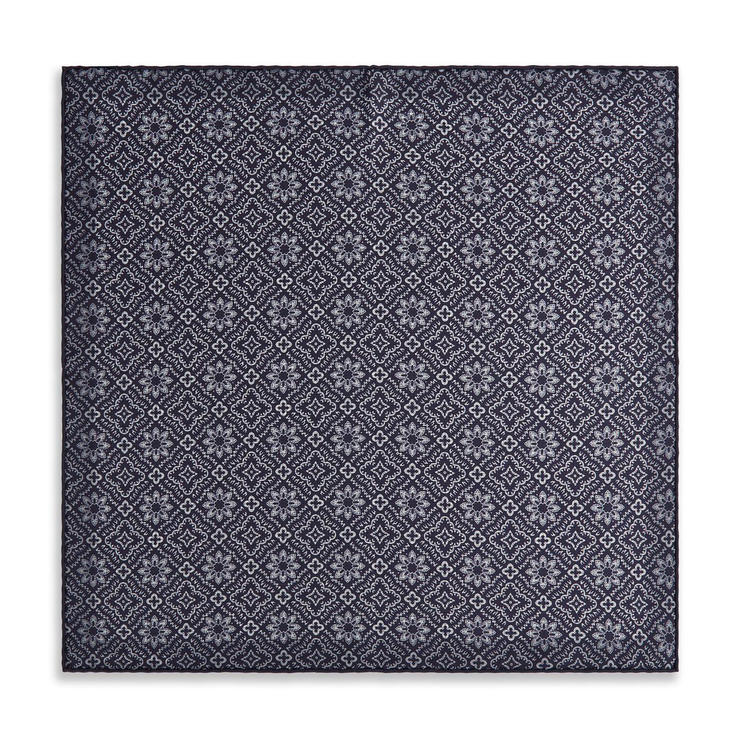 Navy White Prince of Wales Geometric Double Faced Silk Pocket Square