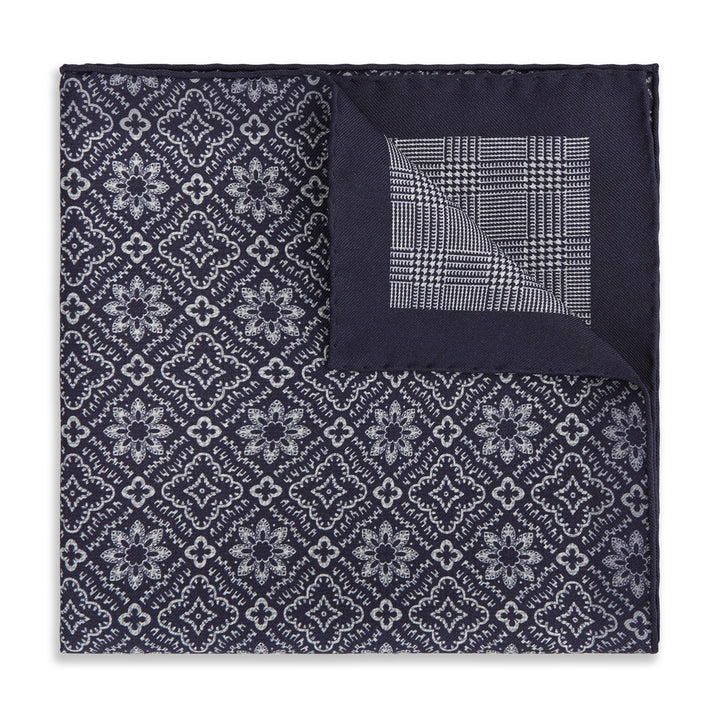Navy White Prince of Wales Geometric Double Faced Silk Pocket Square