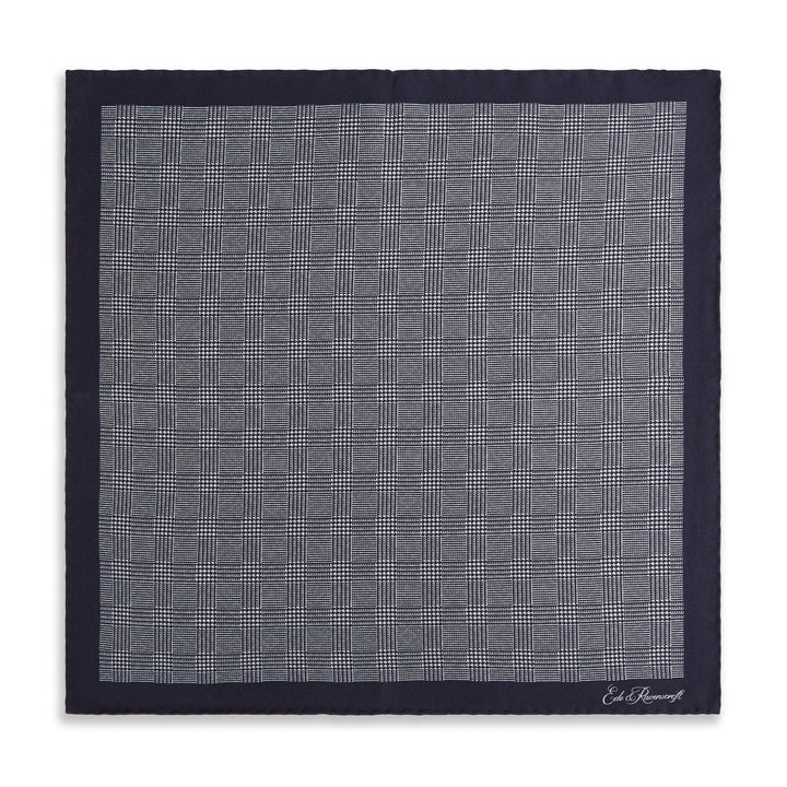 Navy White Prince of Wales Geometric Double Faced Silk Pocket Square