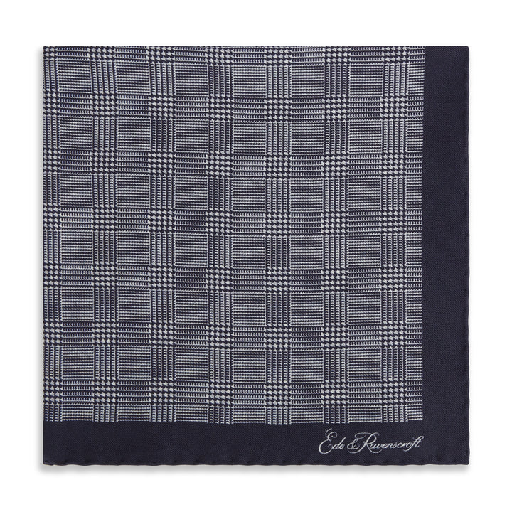Navy White Prince of Wales Geometric Double Faced Silk Pocket Square
