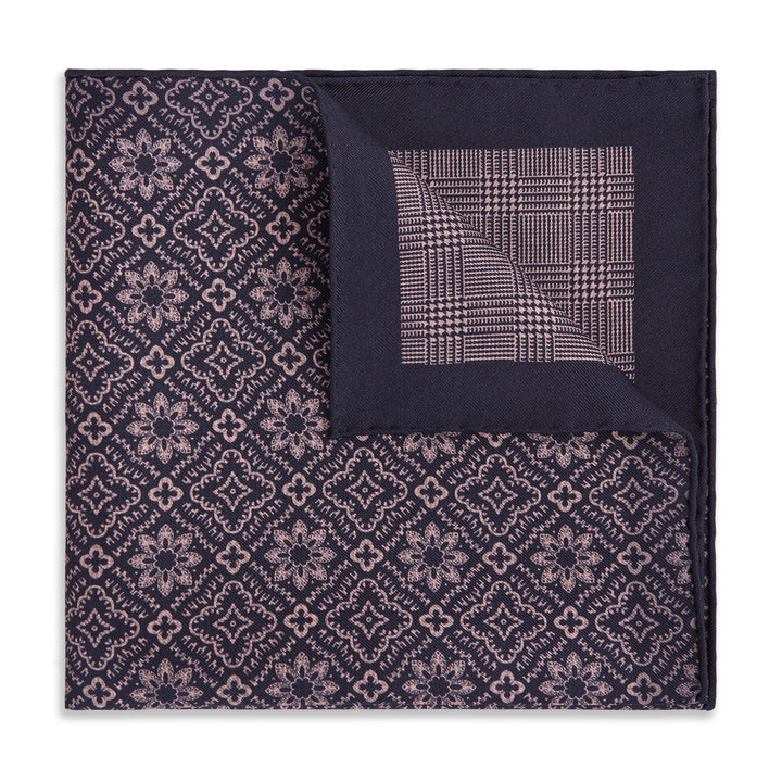 Pink Navy Prince of Wales Geometric Double Faced Silk Pocket Square