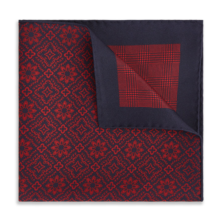 Red Navy Prince of Wales Geometric Double Faced Silk Pocket Square.