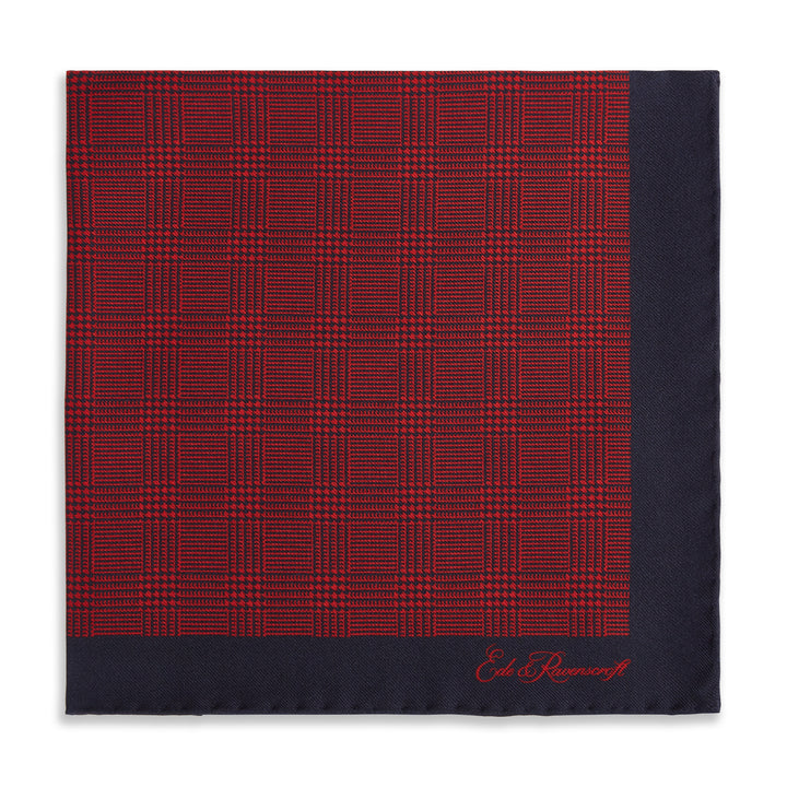 Red Navy Prince of Wales Geometric Double Faced Silk Pocket Square.
