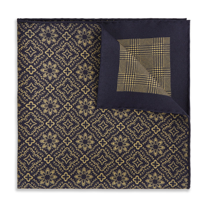 Yellow Navy Prince of Wales Geometric Double Faced Silk Pocket Square