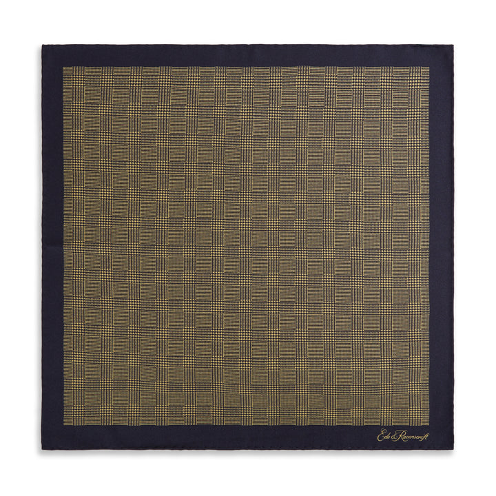 Yellow Navy Prince of Wales Geometric Double Faced Silk Pocket Square