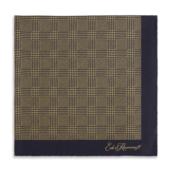 Yellow Navy Prince of Wales Geometric Double Faced Silk Pocket Square