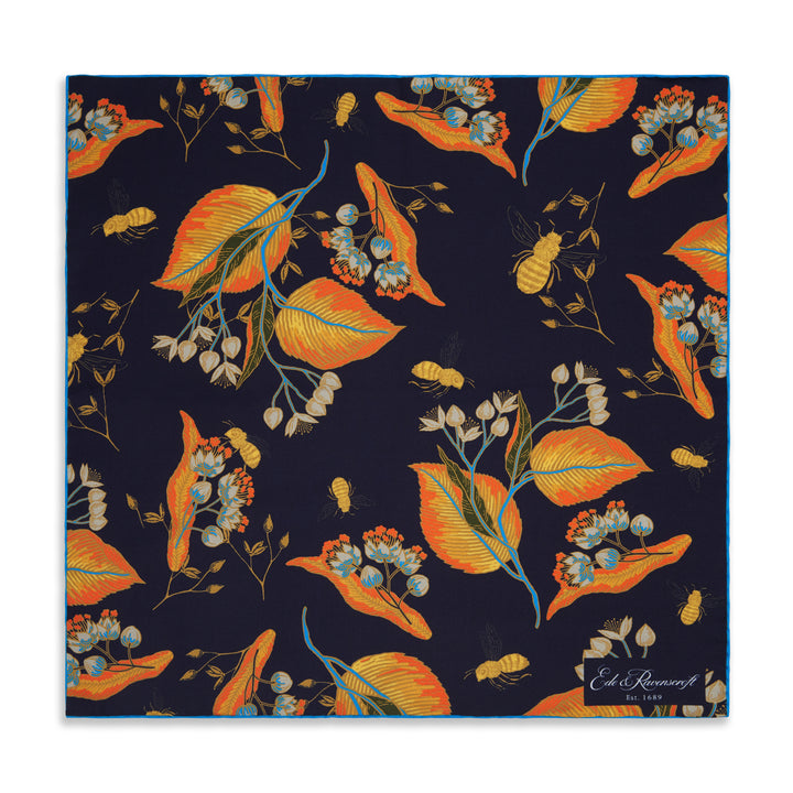 Navy Small Foliage Bee Silk Pocket Square