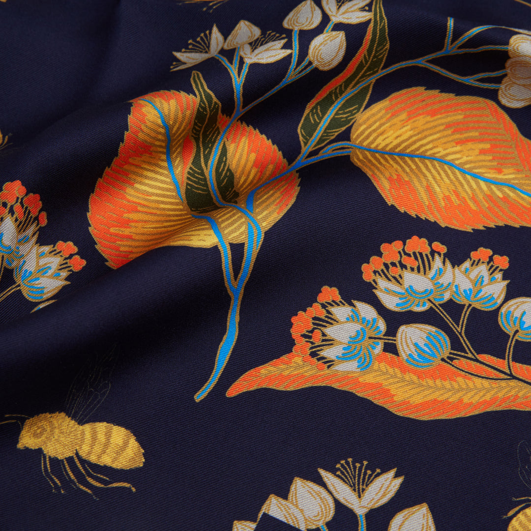 Navy Small Foliage Bee Silk Pocket Square