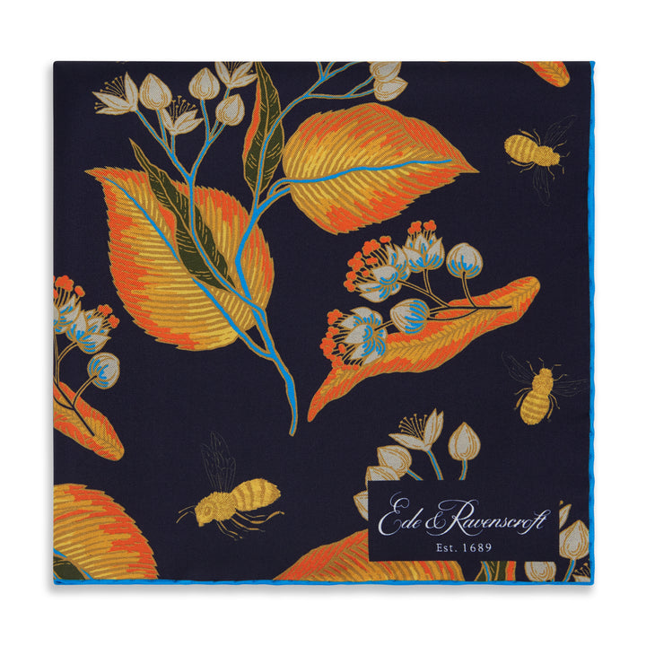 Navy Small Foliage Bee Silk Pocket Square