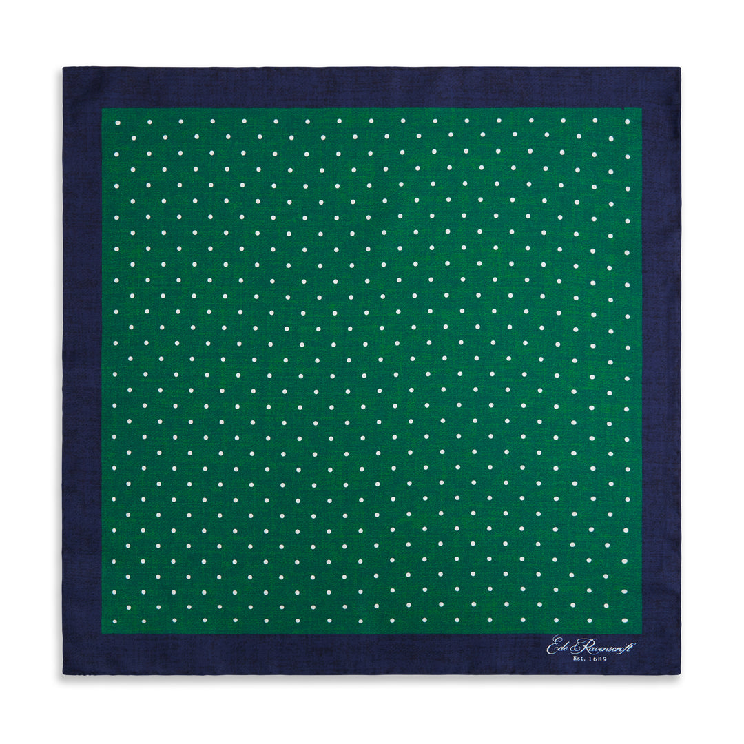 Navy Green Spot Silk Pocket Square