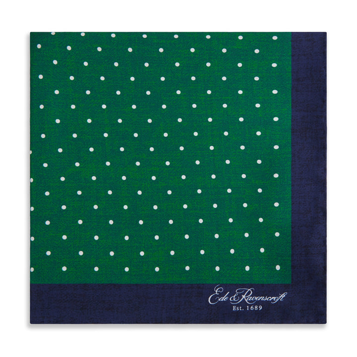 Navy Green Spot Silk Pocket Square