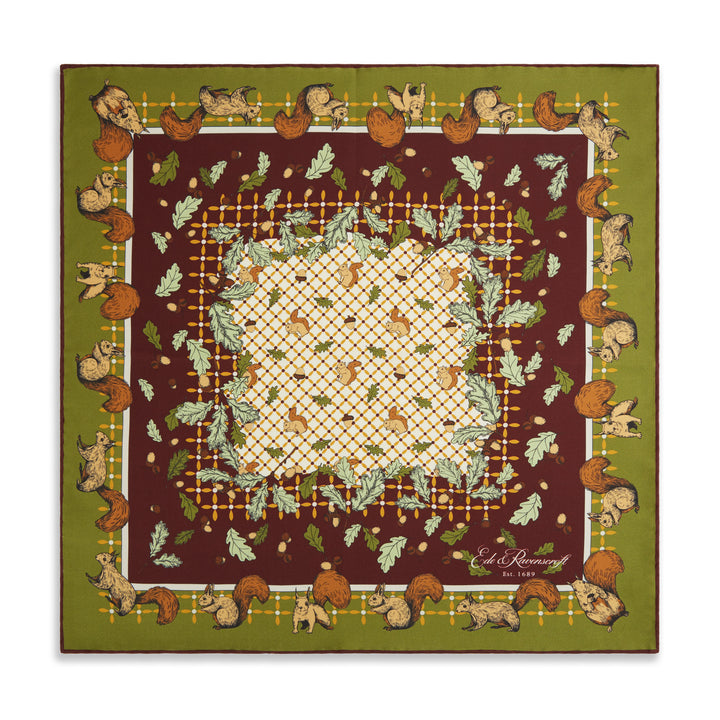 Green Squirrel and Acorn Printed Silk Pocket Square