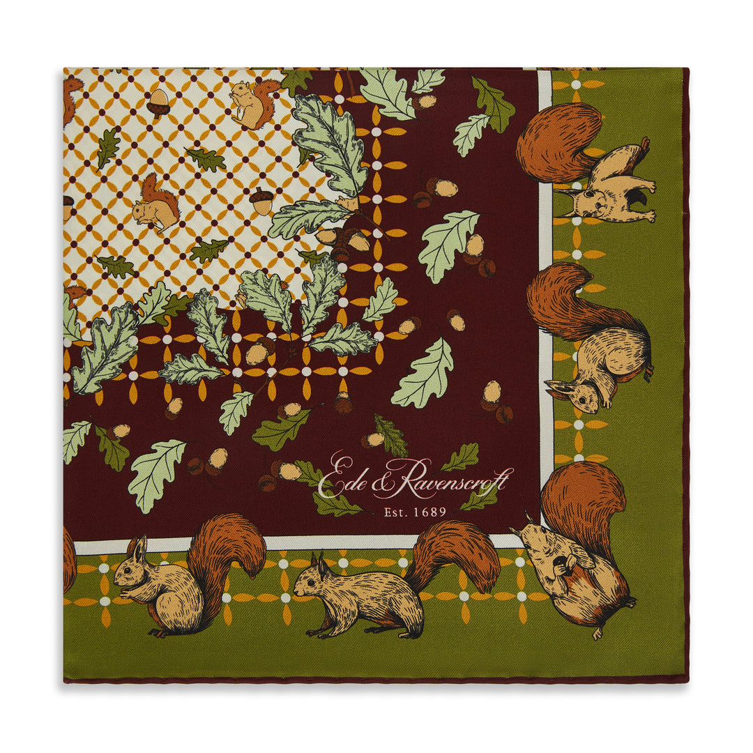 Green Squirrel and Acorn Printed Silk Pocket Square