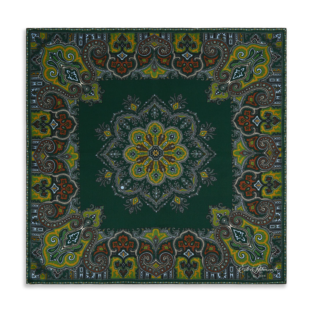 Green Large Square Paisley Silk Pocket Square